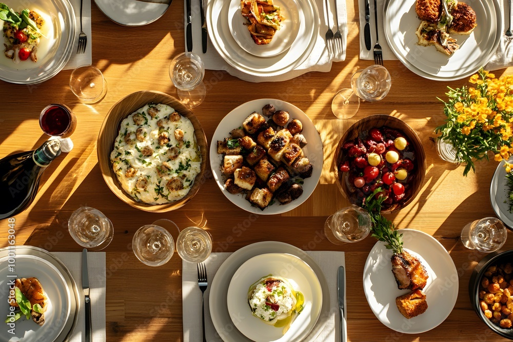 Top-down view of a beautifully set dining table with gourmet food and wine, minimalist style, sunset lighting Top-down view of a beautifully set dining table with gourmet food and wine, minimalist style, sunset lighting