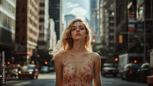 Woman in Summer Dress Walking Through City Street