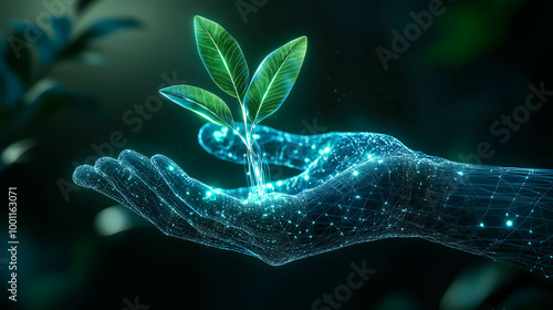 A neural network hand holds a plant, symbolizing the union of AI and nature. The concept of innovation, sustainability, and the potential for technology to support environmental growth. Generative AI.