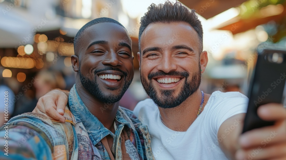 Two men are smiling and taking a selfie with a cell phone Two men are smiling and taking a selfie with a cell phone