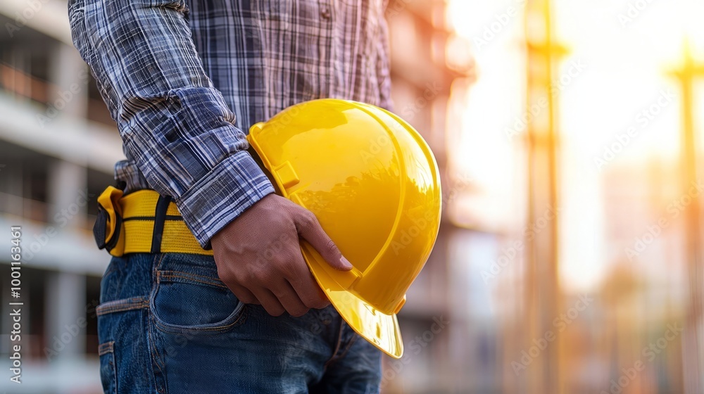 Construction worker holding a yellow safety helmet at a building site Construction worker holding a yellow safety helmet at a building site