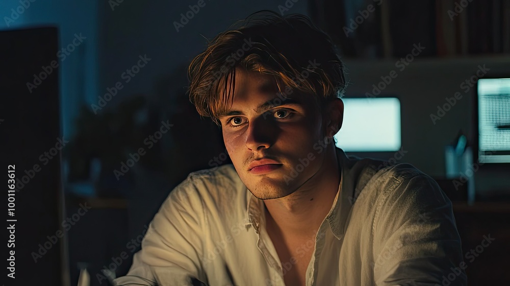 Focused Young Entrepreneur Working Late in Office Focused Young Entrepreneur Working Late in Office