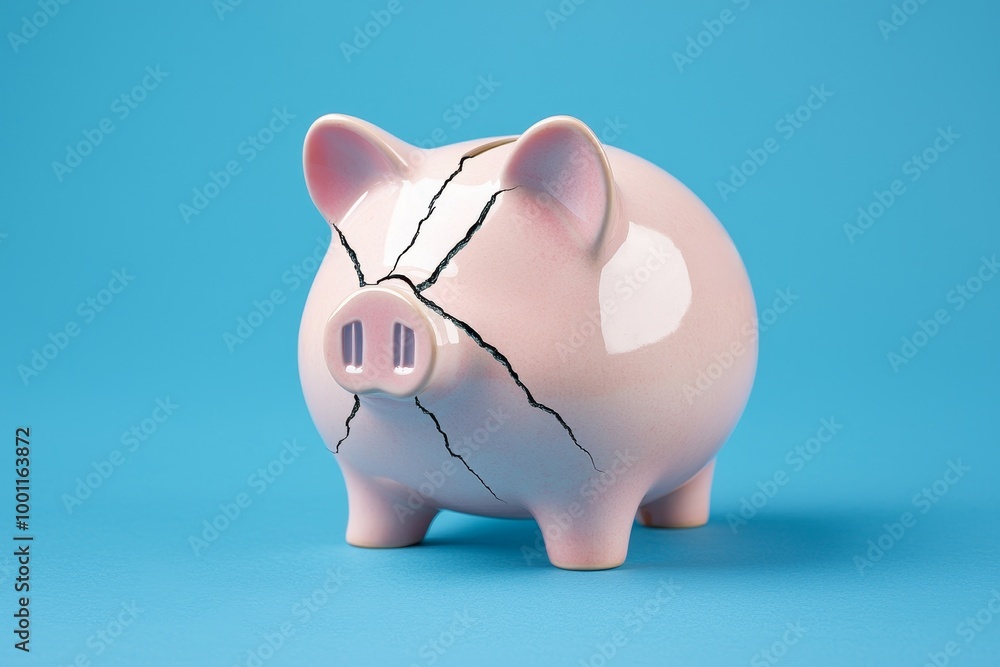 Broken piggy bank on a blue background representing financial issues. Broken piggy bank on a blue background representing financial issues.
