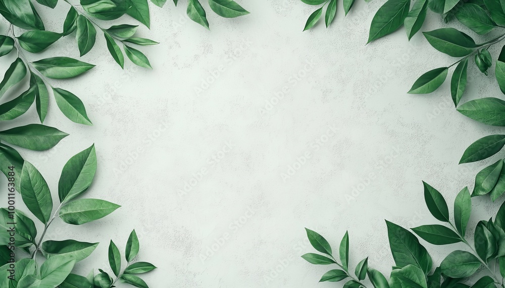 Fresh green leaves arranged on light grey background, perfect for nature themes. Fresh green leaves arranged on light grey background, perfect for nature themes.