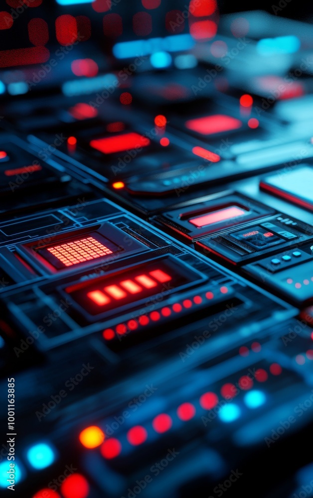 Futuristic control panel with vibrant blue and red lights on a dark surface. Futuristic control panel with vibrant blue and red lights on a dark surface.
