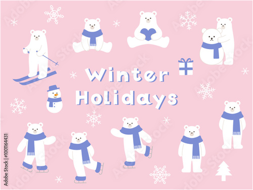 冬の白熊のベクターイラスト。シロクマ、マフラー、スキー、スケート、雪の結晶