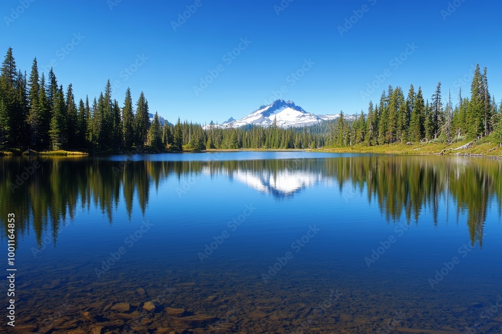 A peaceful lake mirrors a majestic snow-capped mountain and tall pine trees under a bright blue sky, showcasing nature’s beauty A peaceful lake mirrors a majestic snow-capped mountain and tall pine trees under a bright blue sky, showcasing nature’s beauty