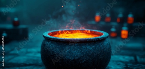 Mystical cauldron with glowing liquid and smoke in a dimly lit environment. photo