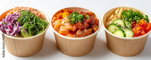 Colorful poke bowls with fresh vegetables, salmon, and tuna in eco-friendly containers on white background, healthy food concept