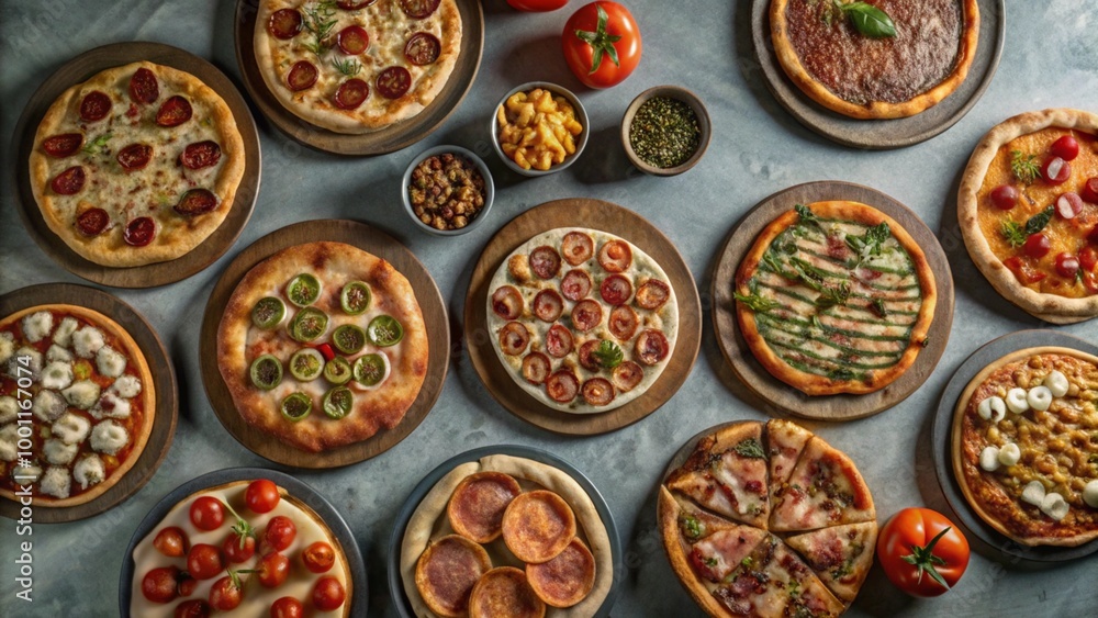 Top view collection of Pizza with different tasty isolated on background, Popular fast food, flat lay pizzas. Top view collection of Pizza with different tasty isolated on background, Popular fast food, flat lay pizzas.