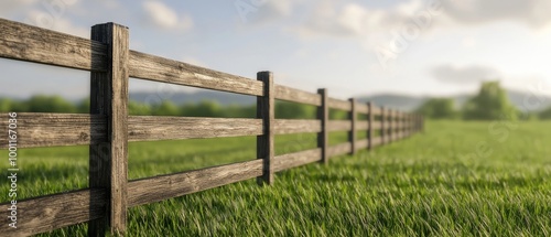 Wooden fence in green field under clear sky, peaceful rural scenery.