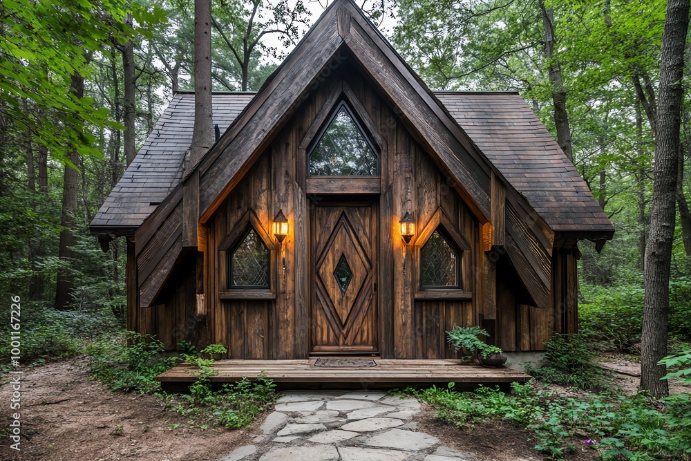 Charming wooden cabin in a lush forest setting with unique architectural design and warm lighting, a perfect nature retreat or vacation spot. Charming wooden cabin in a lush forest setting with unique architectural design and warm lighting, a perfect nature retreat or vacation spot.