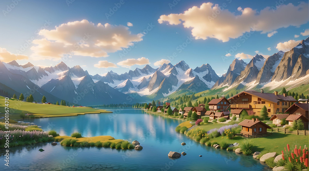 A picturesque village nestled in a valley surrounded by snow-capped mountains and a tranquil lake.