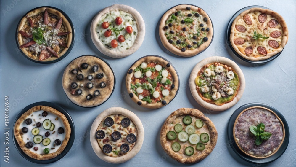 Top view collection of Pizza with different tasty isolated on background, Popular fast food, flat lay pizzas. Top view collection of Pizza with different tasty isolated on background, Popular fast food, flat lay pizzas.