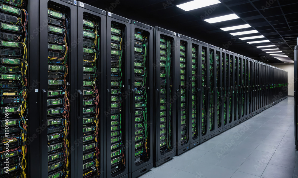 A long row of server racks in a data center A long row of server racks in a data center