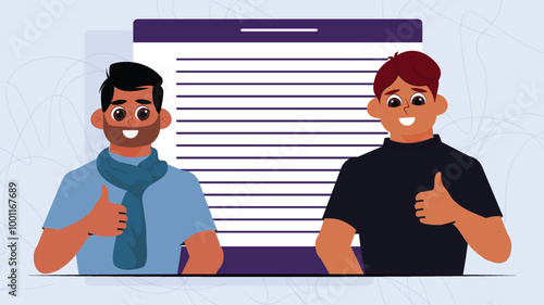 Illustration of two individuals standing in front of a large notepad, both giving thumbs up, with abstract line art in the background, representing collaboration and agreement.