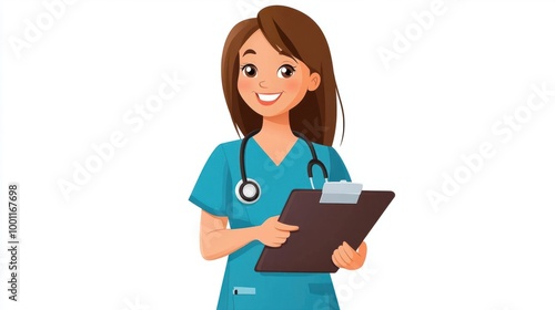 Cartoon nurse standing with a stethoscope around the neck, holding a clipboard, isolated on white background.