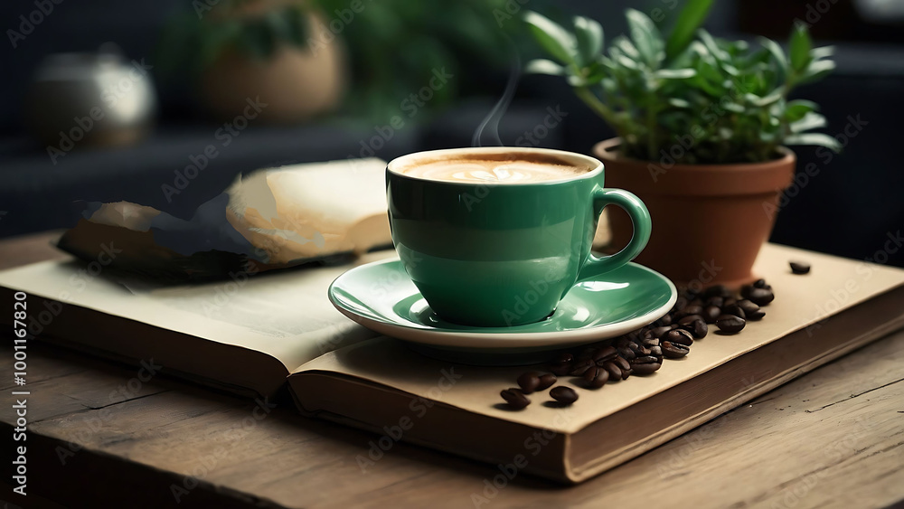 A cup of steaming coffee with a book and coffee beans on a wooden table. A cup of steaming coffee with a book and coffee beans on a wooden table.
