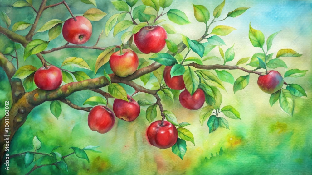Red apples on a green tree branch with leaves, watercolor illustration Red apples on a green tree branch with leaves, watercolor illustration