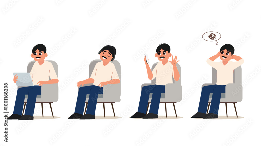 Obraz premium A man is seated in four different poses, portraying concentration, rest, communication, and contemplation, with expressions reflecting diverse emotions.