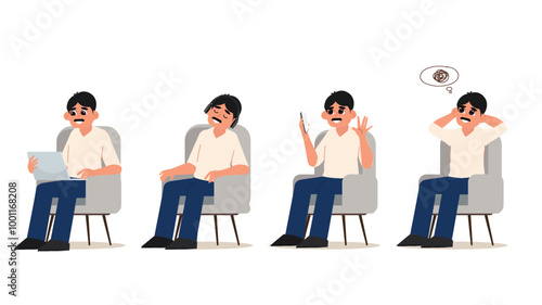 A man is seated in four different poses, portraying concentration, rest, communication, and contemplation, with expressions reflecting diverse emotions.