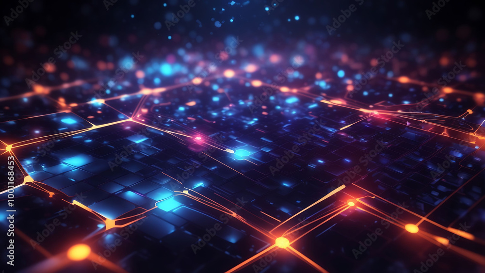Obraz premium Abstract futuristic digital network with glowing lines and nodes, representing connectivity, technology, and innovation.