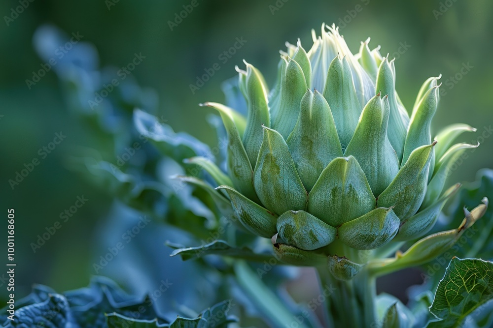 Single artichoke is growing in a garden, backlit by the evening sun Single artichoke is growing in a garden, backlit by the evening sun