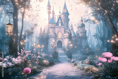 A magical fairytale castle sits in the middle of a misty forest. photo