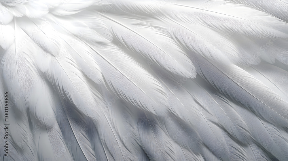 Fototapeta premium Closeup, white and feathers background for peace, calm and spirituality for God, religion and hope. Ai generated, feather and bird plumage for creative banner, texture or detail space for angel faith