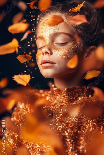 Young girl with gold glitter makeup surrounded by falling autumn leaves.