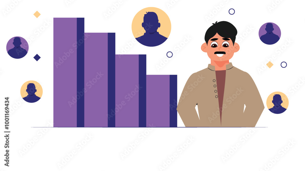 An illustrated businessman stands in front of a purple bar chart, representing growth, surrounded by silhouettes of colleagues to signify teamwork and collaboration. An illustrated businessman stands in front of a purple bar chart, representing growth, surrounded by silhouettes of colleagues to signify teamwork and collaboration.