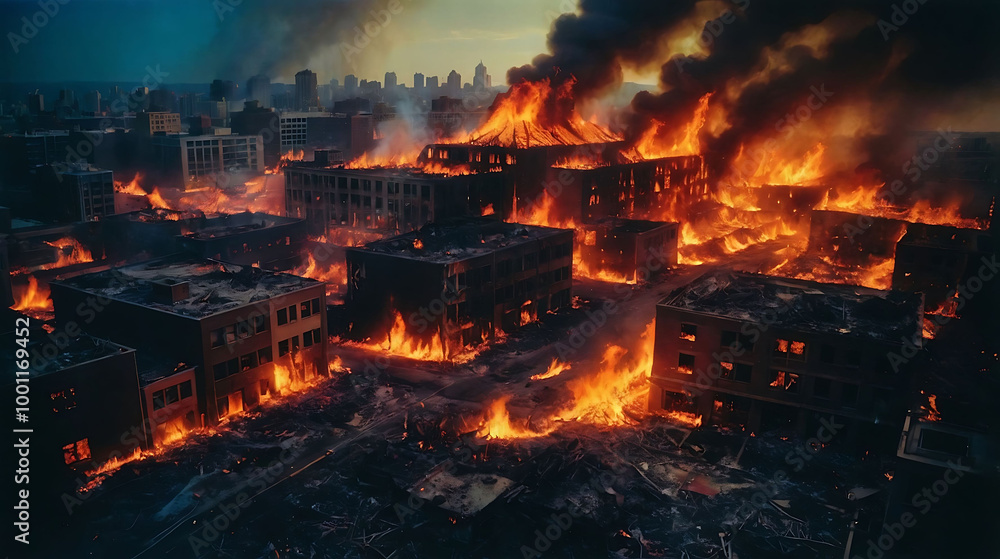 An aerial view of a city engulfed in flames, with smoke billowing into the sky. The buildings are burning fiercely, with flames reaching high into the air. An aerial view of a city engulfed in flames, with smoke billowing into the sky. The buildings are burning fiercely, with flames reaching high into the air.