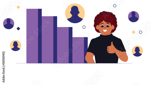 a person giving a thumbs up, surrounded by profile silhouettes, in front of a bar chart representing business growth or performance in a stylized manner.