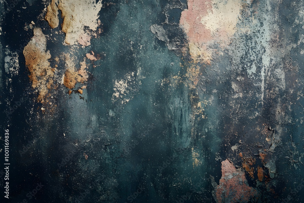 Obraz premium Weathered wall with peeling paint in shades of blue, gold, and pink.