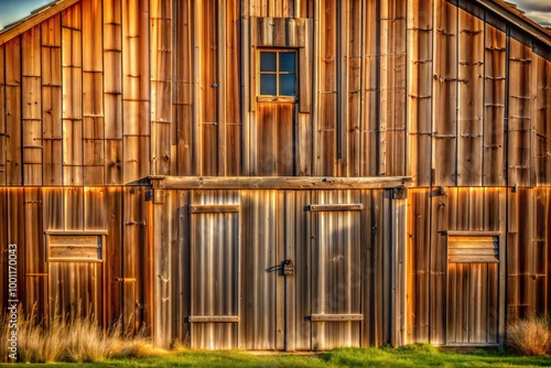 Close-up of wooden barn with double doors and window