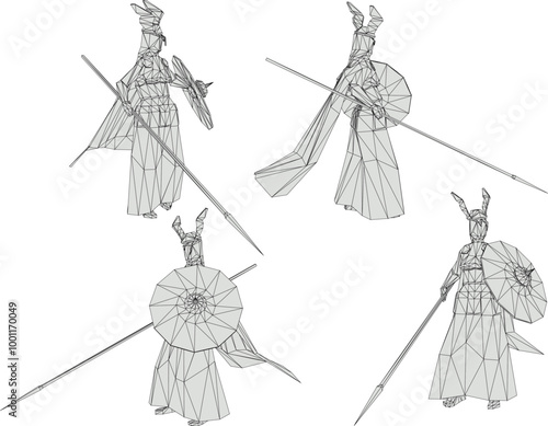 Vector sketch illustration of the design of a royal period female soldier at war holding a weapon and shield