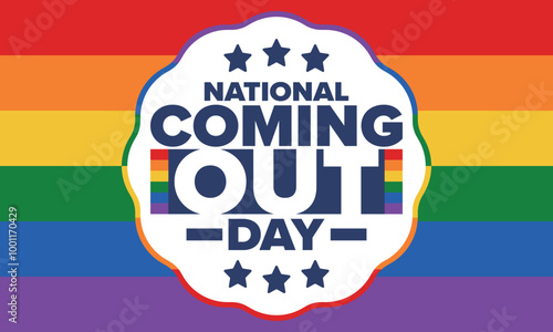 National Coming Out Day. Happy holiday. Pride month. LGBT rainbow flag. Diversity and equality. Gay and lesbian. Free love, heart shape. Illustration. Vector poster