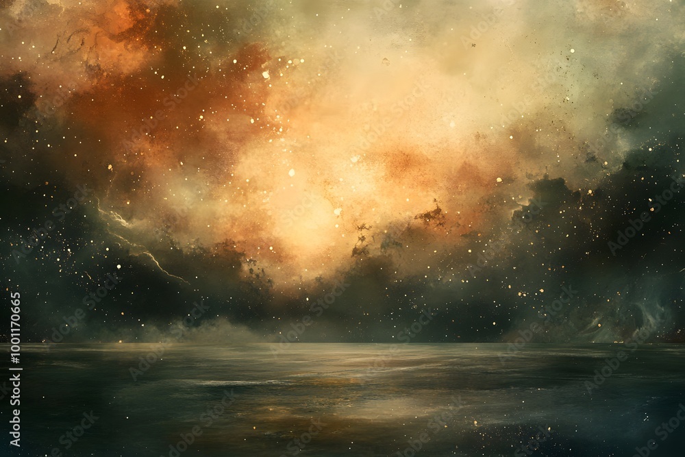A mystical scene with a starry sky above a dark, reflective body of water. A mystical scene with a starry sky above a dark, reflective body of water.