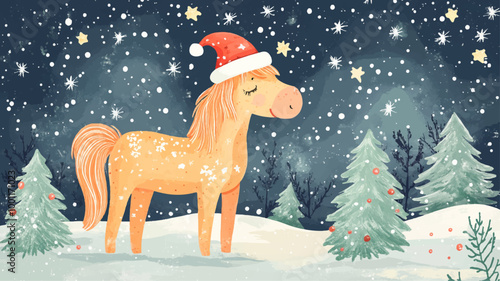 Pferd Niedlich Weihnachten Schnee Pony Weihnachtlich Winter Weihnachtskarte Comic Christmas Illustration Vektor