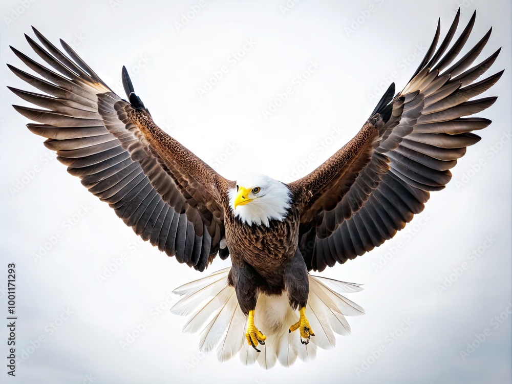 Obraz premium A majestic bald eagle with outstretched wings and sharp talons soars against a crisp white background, evoking freedom and power in a striking visual statement.