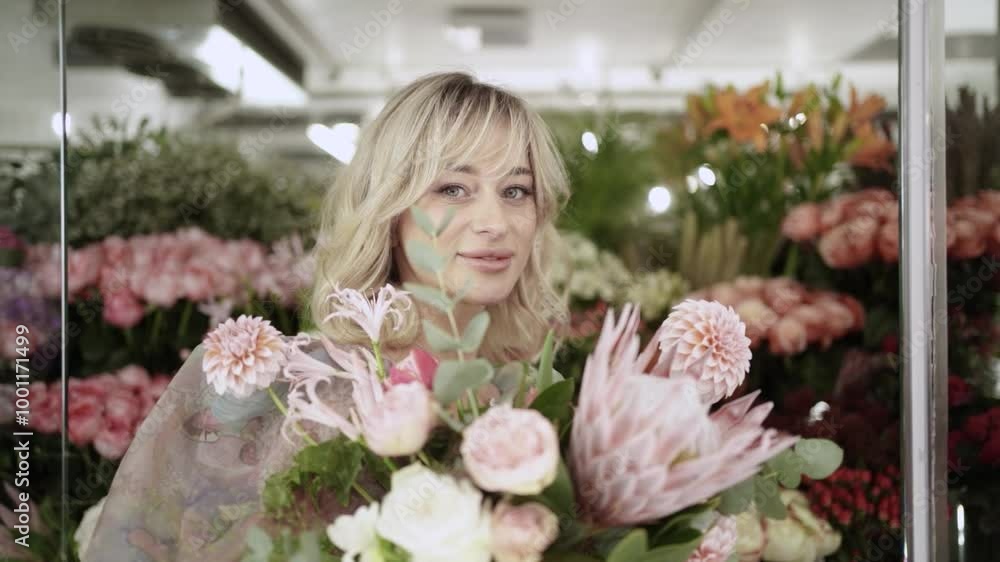 Beautiful Girl Playing with Flowers in Flower Shop Beautiful Girl Playing with Flowers in Flower Shop