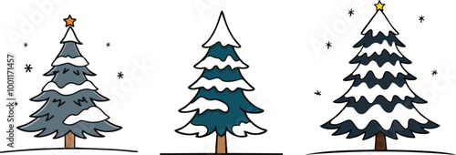Snow Covered Spruce Trees Collection. Set of Christmas Trees in Snow Isolated Transparent Background