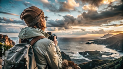 Person gazing at a breathtaking coastal horizon during sunset while holding a camera. Generative AI