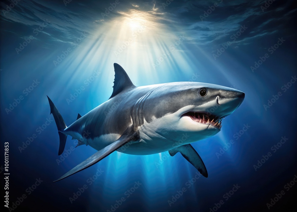 A menacing great white shark swims against a dark blue gradient background, its sharp teeth and fins eerily illuminated by a faint underwater glow. A menacing great white shark swims against a dark blue gradient background, its sharp teeth and fins eerily illuminated by a faint underwater glow.