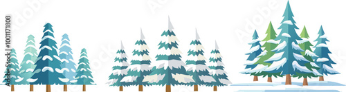 Snow Covered Spruce Trees Collection. Set of Christmas Trees in Snow Isolated Transparent Background