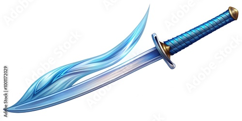 A stunning longsword with a wavy blue gradient blade and detailed hilt design. Generative AI photo