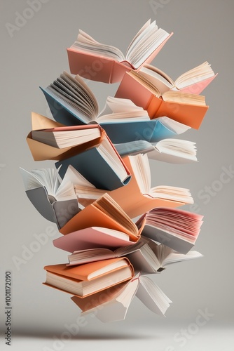 A stack of colorful books floats in the air, pages fanned open in a whimsical display of knowledge and imagination.