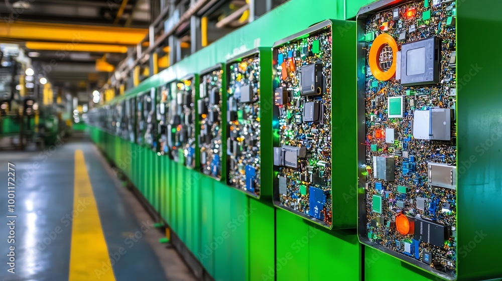 Obraz premium Industrial control panels with exposed circuit boards in a factory setting, showcasing complex electronics and manufacturing technology.