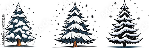 Snow Covered Spruce Trees Collection. Set of Christmas Trees in Snow Isolated Transparent Background