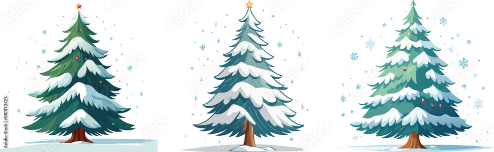 Fototapeta premium Snow Covered Spruce Trees Collection. Set of Christmas Trees in Snow Isolated Transparent Background